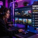 A gamer playing on a PC with an overlay showing the gamerxo dot com review and online safety checklist.