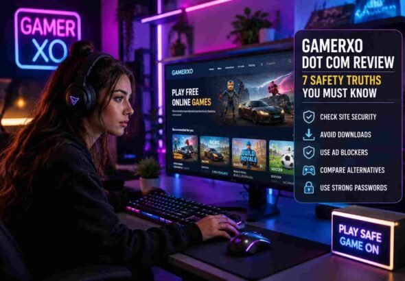 A gamer playing on a PC with an overlay showing the gamerxo dot com review and online safety checklist.