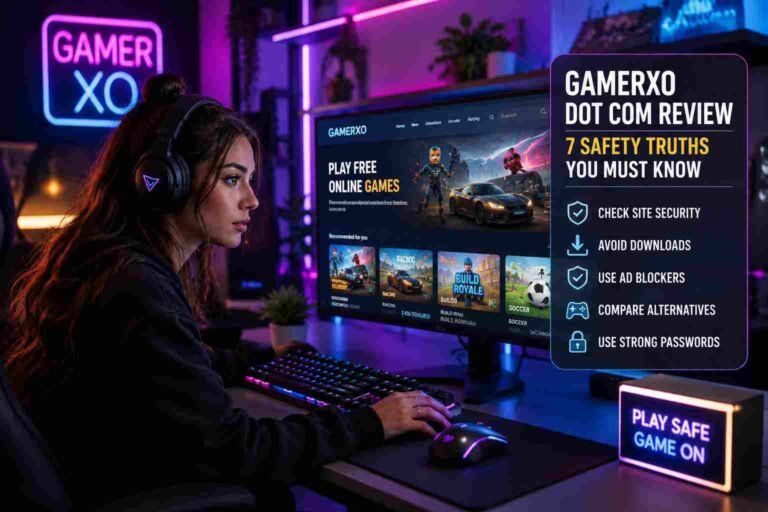 A gamer playing on a PC with an overlay showing the gamerxo dot com review and online safety checklist.